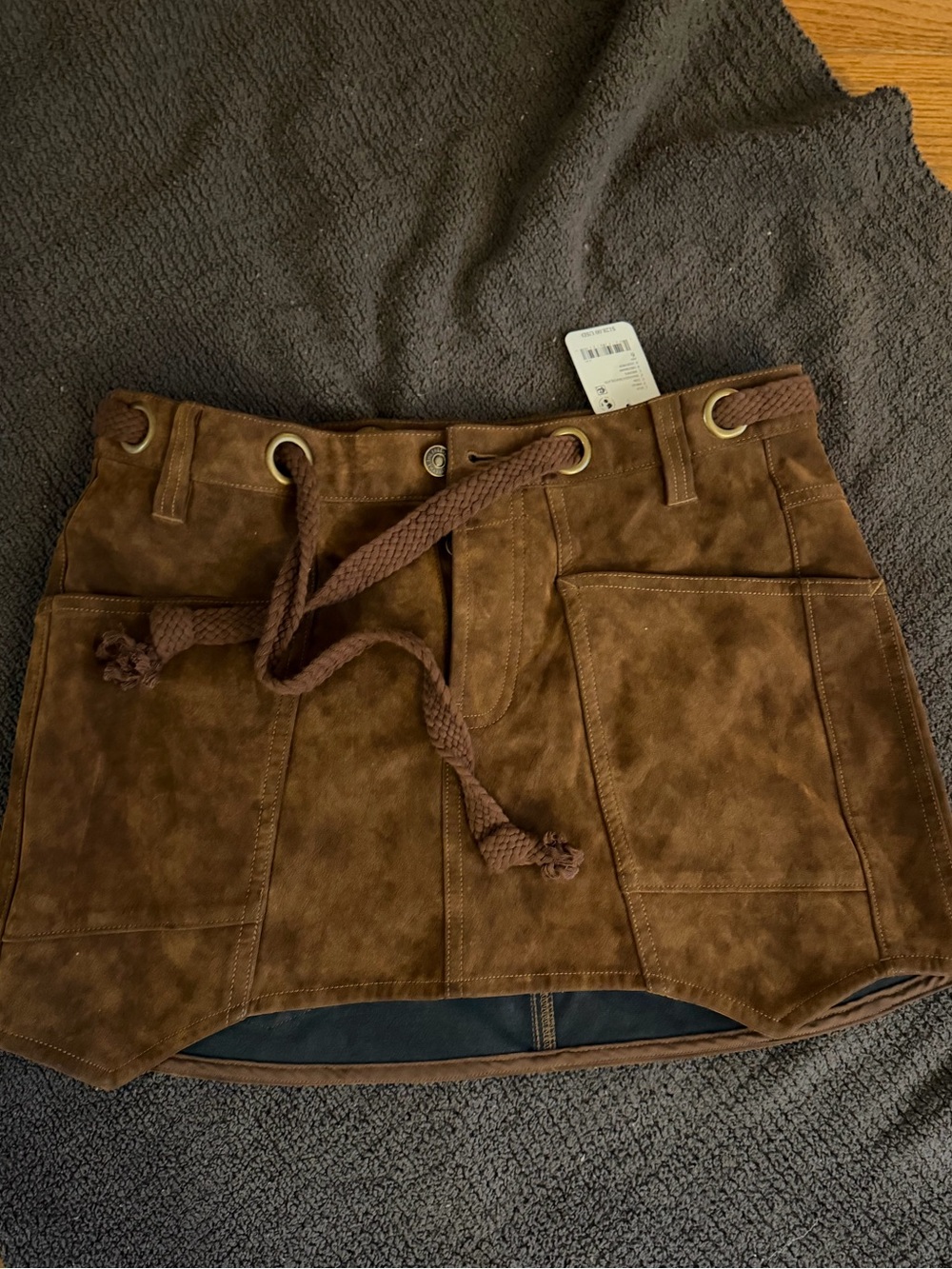 We The Free Chestnut Brown Suede Mini Skirt with Braided Waist Tie - Picture 4 of 4
